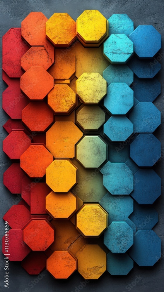 Poster a vibrant arrangement of hexagonal tiles in a gradient from red to blue.
