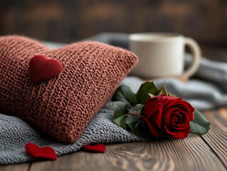 Cozy Setting with Knitted Pillow, Red Rose, and Heart Accents
