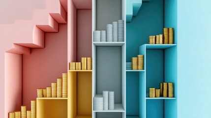 Fototapeta premium coins arranged in a staircase flat design front view savings real estate theme 3D render complementary color scheme