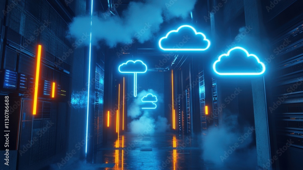 Poster futuristic data center with neon clouds and atmospheric effects in a high-tech environment featuring
