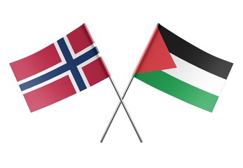  Crossed Palestine and Norway flags. Official colors. Correct proportion. Poster design. Digital...