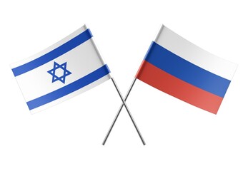  Crossed Russia and Israel flags. Official colors. Correct proportion. Poster design. Digital Image.