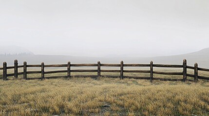 Wooden Fence Across a Misty Rural Field