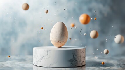 Energy balance egg concept. Floating eggs in a serene, minimalist setting on a marble pedestal.