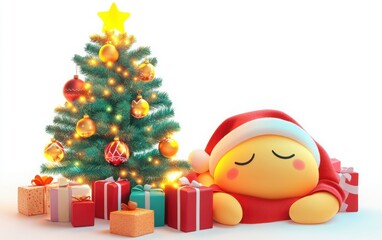 Obraz premium A sleepy emoji dozing off next to a glowing Christmas tree, with gifts and stockings nearby on a white background