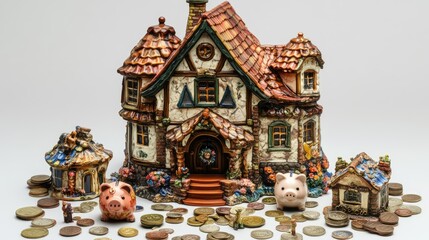 Fototapeta premium Colorful piggy bank surrounded by scattered coins and a miniature house, portraying family savings for property