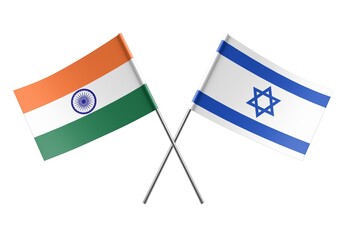  Crossed Israel and India flags. Official colors. Correct proportion. Poster design. Digital Image.