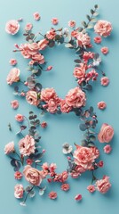A blue background with pink flowers and a pink flower with the number 8 on it. The flowers are arranged in a way that they spell out the number 8