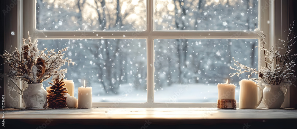 Poster empty table and winter window in background