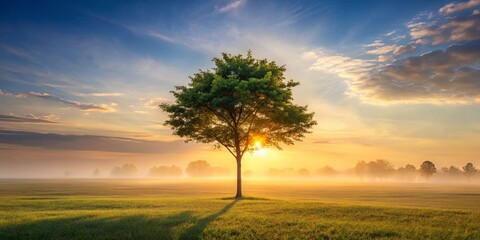 Fototapeta premium Serene Sunrise A Single Tree in a Misty Meadow Bathed in Golden Light