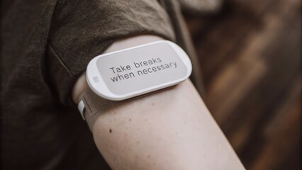 Fototapeta premium A closeup of a smart patch worn on the arm of a technician monitoring physical exertion levels and reminding them to take breaks when necessary.