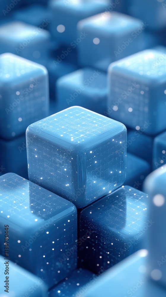 Poster a close-up view of blue cubes with a sparkling texture, creating a digital aesthetic.