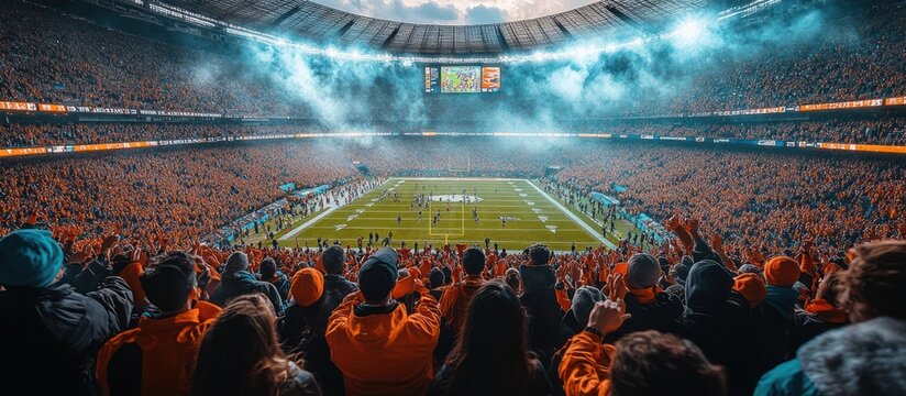 Excited fans at a packed stadium during an American football game.