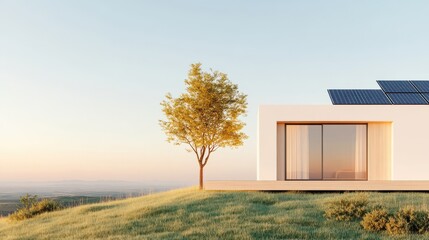 Modern house with solar panels, perched on a hilltop overlooking a beautiful landscape.