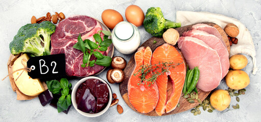 Food high in vitamin B2 on light background.
