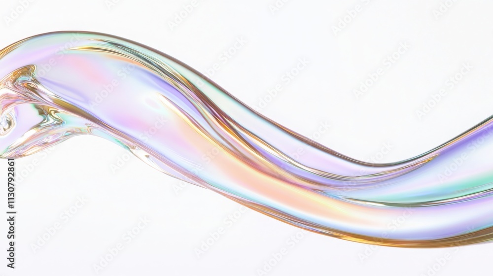 Poster abstract iridescent fluid blob shape reflecting light forming a wave on white background, suitable f