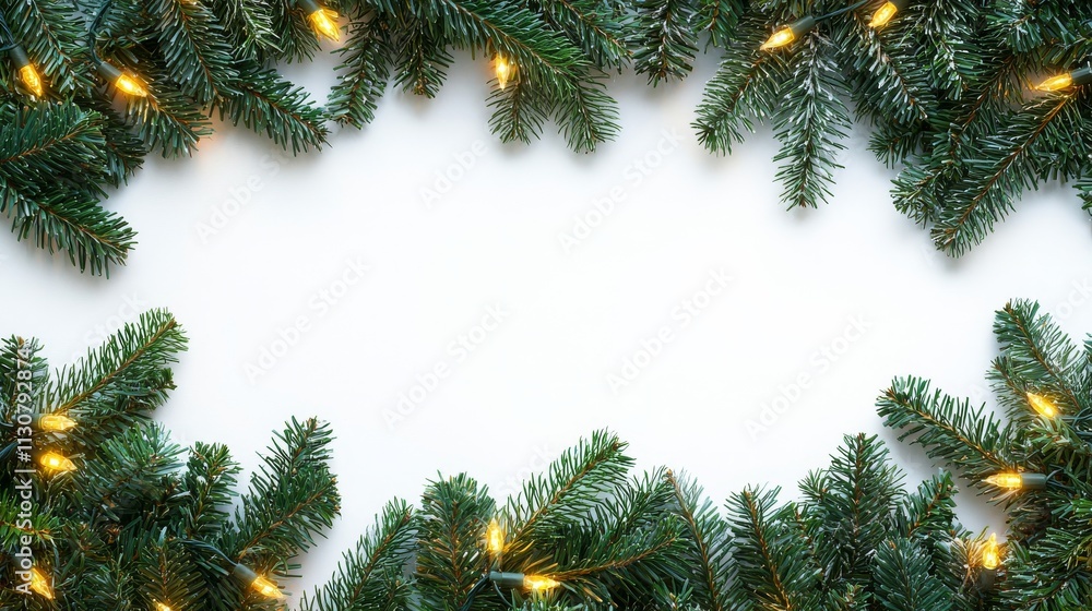 Poster an isolated white background design with coniferous branches and strings of christmas lights, framed