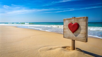 Fototapeta premium Romantic beach scene with a wooden sign and a red heart, symbolizing love and summer vacation