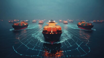 Fototapeta premium Earth grid overlay with container ships flat design front view transport theme 3D render Complementary Color Scheme