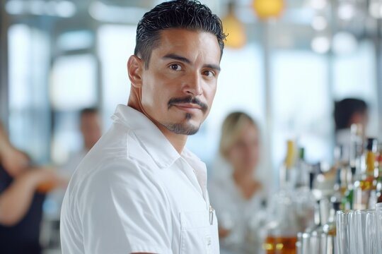 Hispanic bartender working in a busy restaurant bar, looking over his shoulder