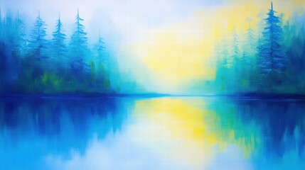 Fototapeta premium Serene Lakeside Reflections with Towering Trees and Tranquil Waters at Sunrise