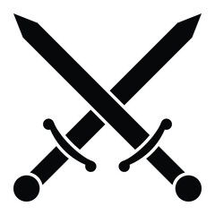Crossed swords vector icon. Battle and combat symbol. Dual swords emblem. Black silhouette isolated on white background.