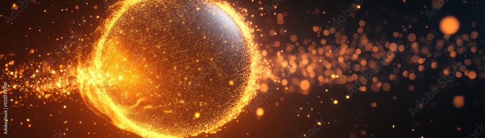 Poster swirling digital particles forming an abstract globe in vibrant colors and dynamic motion