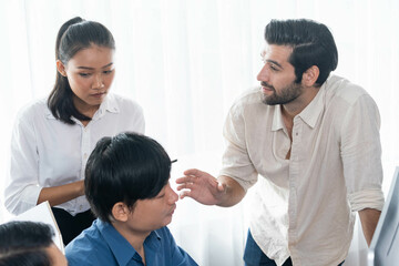 Fototapeta premium Group of diverse office worker employee working together on strategic business marketing planning in corporate office room. Positive teamwork in business workplace concept. Prudent