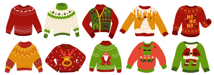 Collection ugly sweaters vector illustrations isolated. Cute red and green wool pullovers with traditional holidays print for comfort and Christmas party. Set of knitted winter jumpers