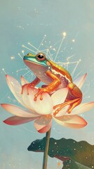 Naklejka premium A vibrant frog perched on a lotus flower, surrounded by a dreamy, ethereal background.