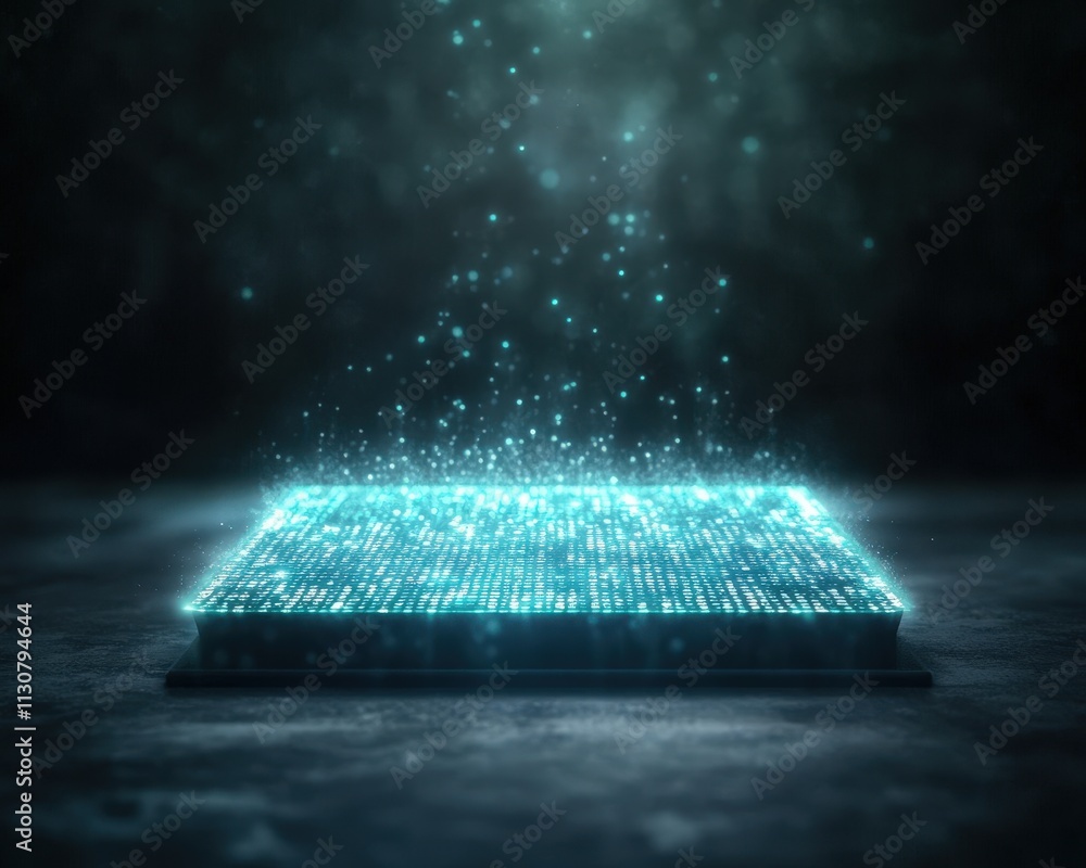 Aufkleber a glowing, digital surface emits particles, creating a futuristic and ethereal atmosphere in a darke