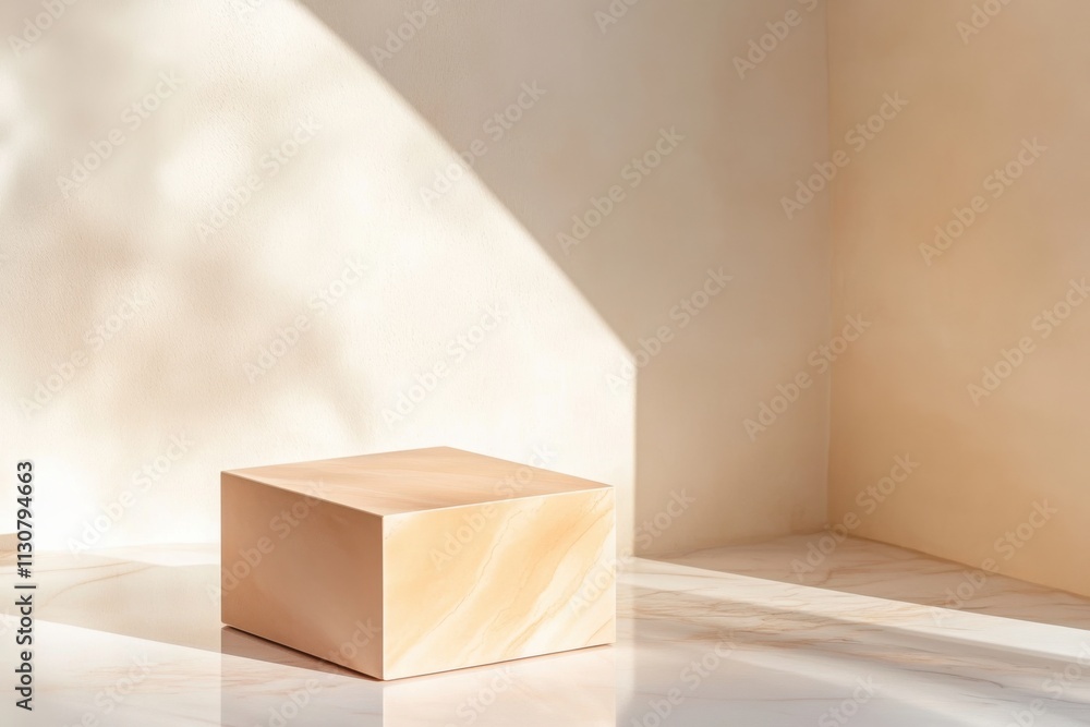 Poster empty minimalist beige cube podium on marble table for product displaying with sunlight and shadow