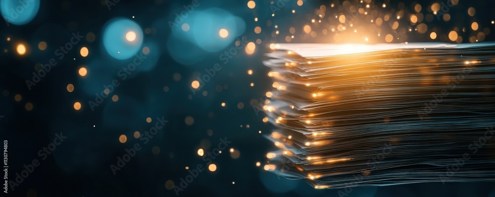 Poster a shimmering stack of metal wires glows against a blurred, sparkling backdrop, creating an intriguin