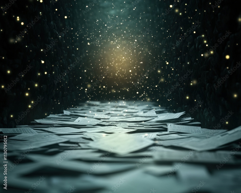 Poster an ethereal scene featuring scattered papers illuminated by a warm glow, creating a mystical atmosph