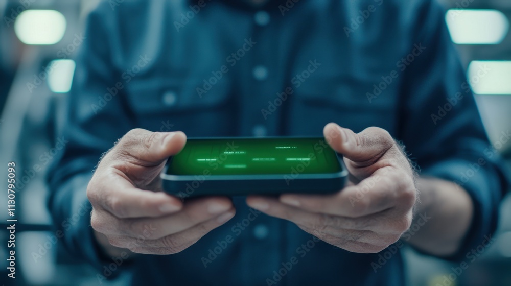 Poster a person holds a smartphone displaying a green screen, suggesting potential app development or testi