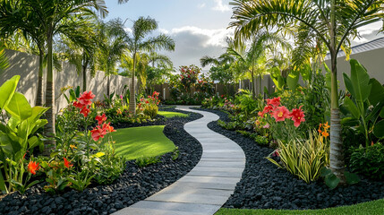 Obraz premium Hawaii tropical garden with hibiscus flowers and lava rock pathways, vibrant island retreat