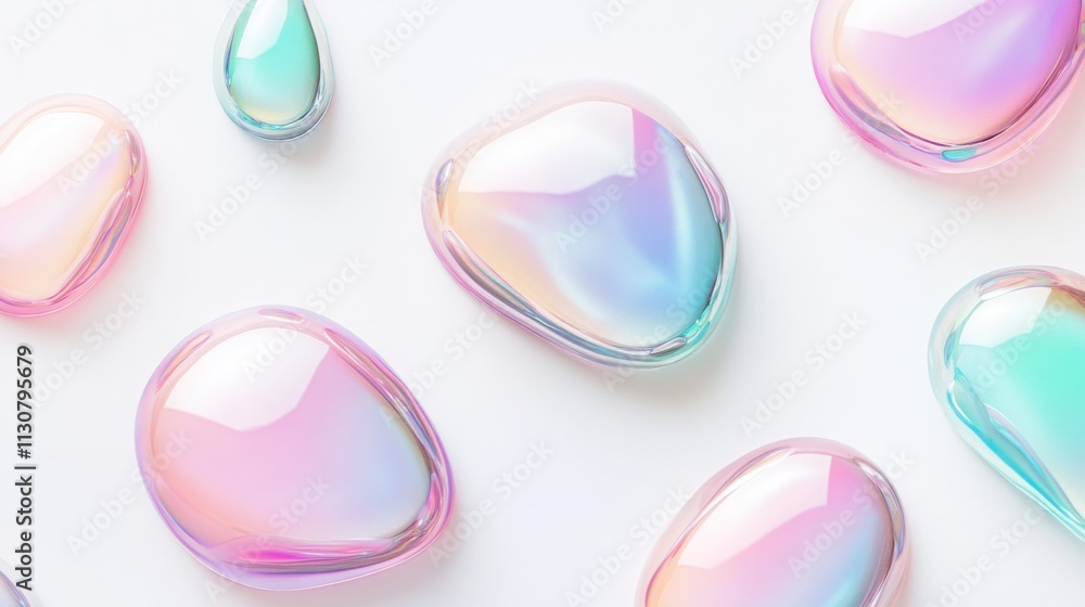 Aufkleber abstract composition featuring holographic iridescent shapes with rainbow colors on a white backgrou