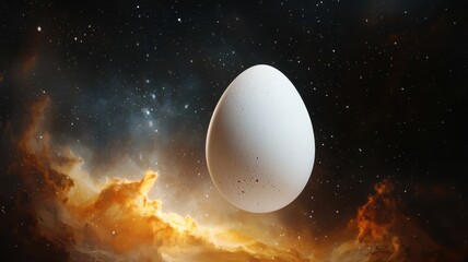 Energy balance egg concept. A solitary egg floats in a cosmic, star-filled space background.