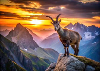 Obraz premium Majestic Ibex Long Exposure Mountain Photography: Alpine Wildlife, Dramatic Landscape