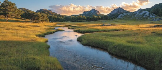 Obraz premium Serene sunset over a meandering stream in a grassy valley, surrounded by majestic mountains.