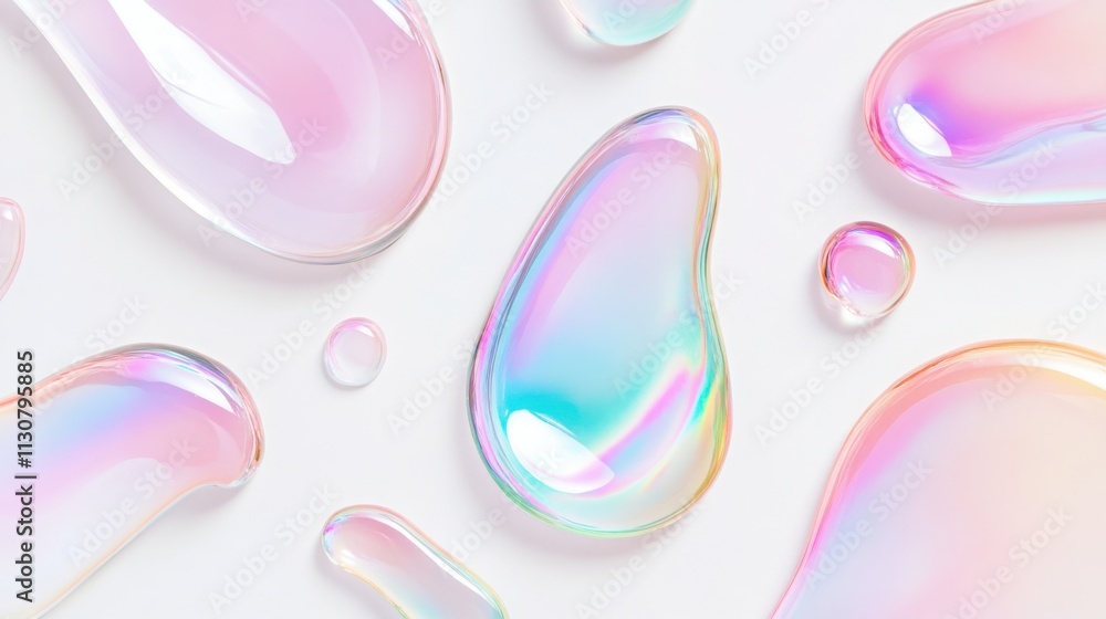 Poster abstract composition featuring holographic iridescent shapes on a white background, creating a paste
