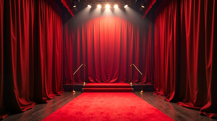 Elegant red theater stage with spotlight and curtains, dramatic ambiance, ready for performance