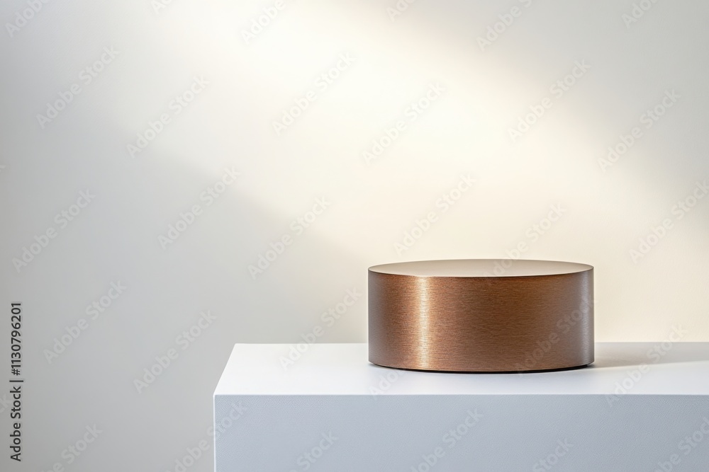 Poster sleek bronze podium on white table with light effect is perfect for displaying products