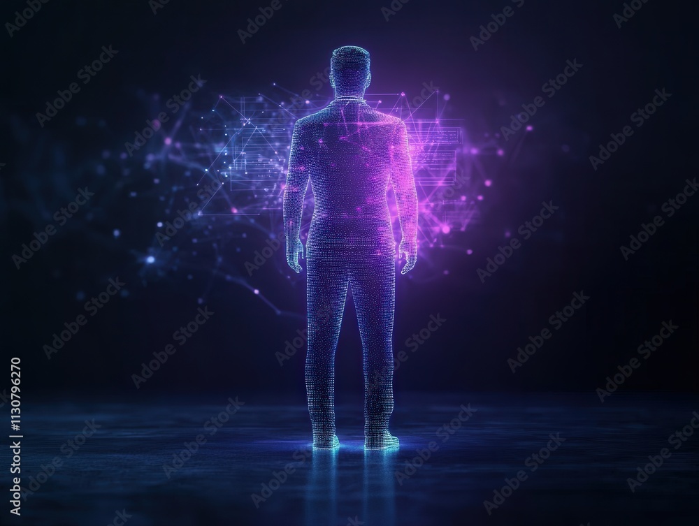 Poster a digital silhouette of a person surrounded by vibrant, glowing data patterns, symbolizing technolog