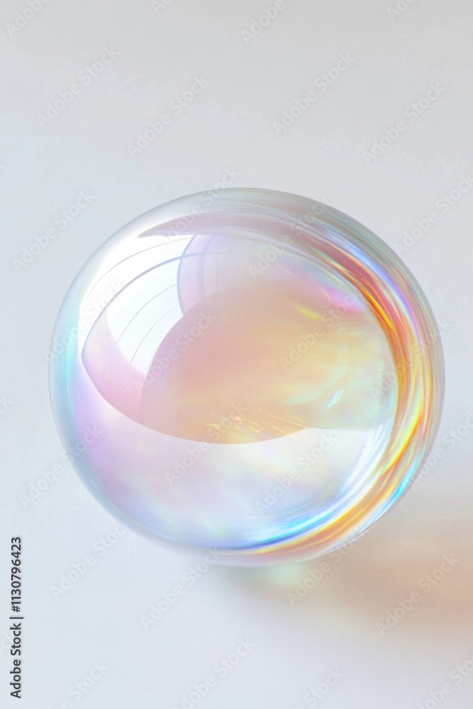 Poster colorful holographic soap bubble floats on a white background, reflecting light and creating a mesme
