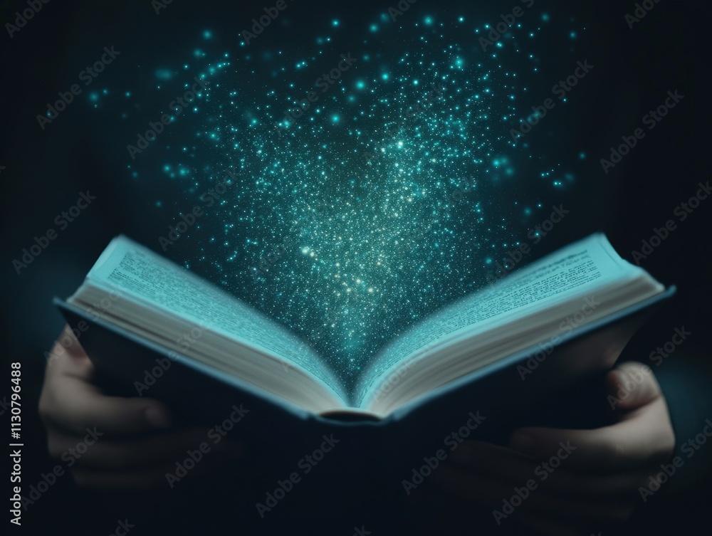 Poster an open book emits a magical glow of sparkling particles, symbolizing knowledge and imagination in a