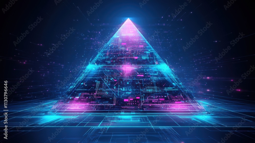 Poster futuristic neon pyramid with digital circuit patterns and glowing lights in a dark background, repre