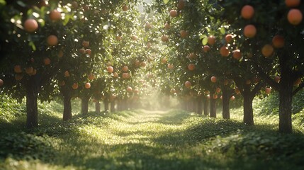 Fototapeta premium Sunlit Orchard Rows Of Apple Trees Abundant With Fruit