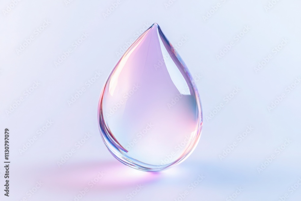 Poster holographic teardrop shape reflecting a gradient of pastel colors on a light background, creating a 