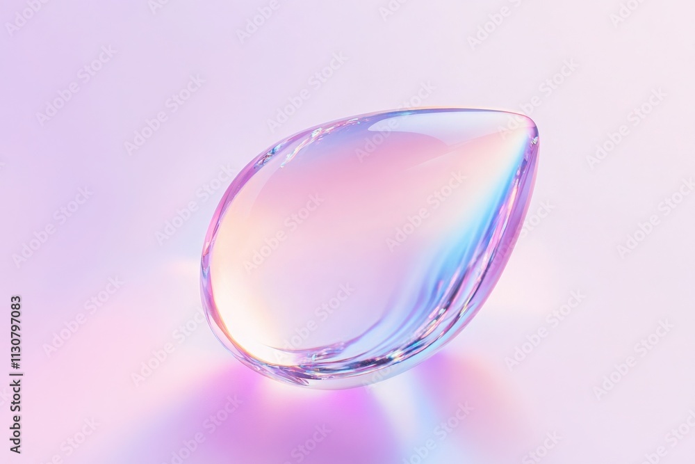 Poster Iridescent teardrop shape with holographic effect creating a colorful reflection on a soft purple background
